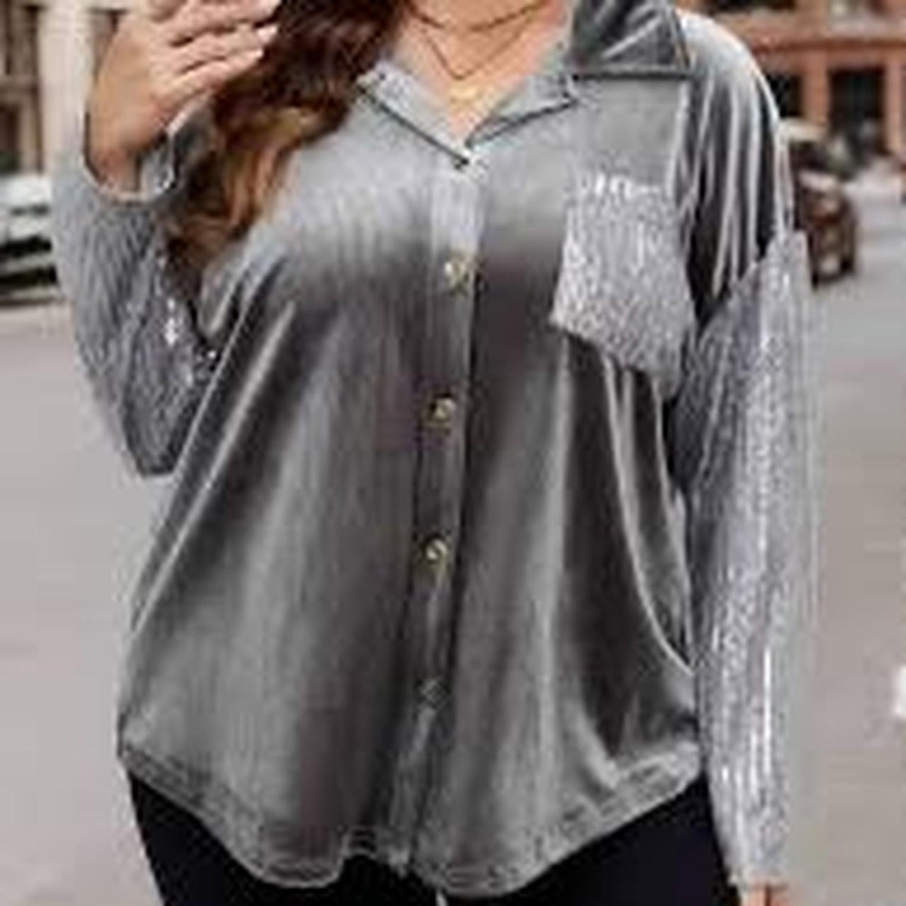 Umgee Velvet Button Down Women 1XL Grey Excellent Sequin Sleeve Holiday Top